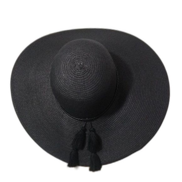 Wide Brim Summer Hat with Tassels Black New - Picture 1 of 5